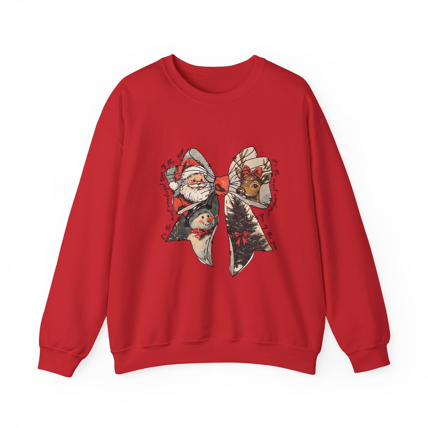 Christmas Bow Sweatshirt — Vintage Santa & Reindeer Holiday Crewneck