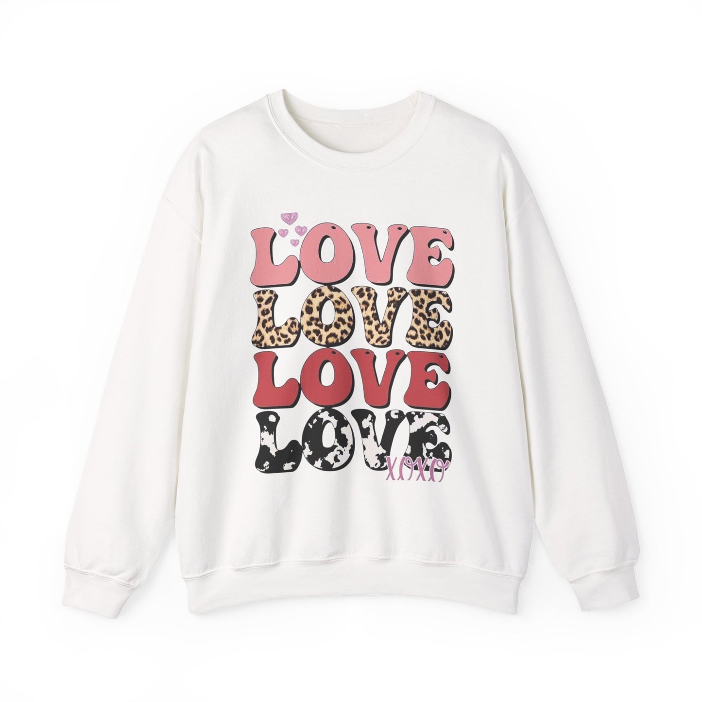 Love Pattern Crewneck Sweatshirt — Retro Leopard & Cow Print Graphic