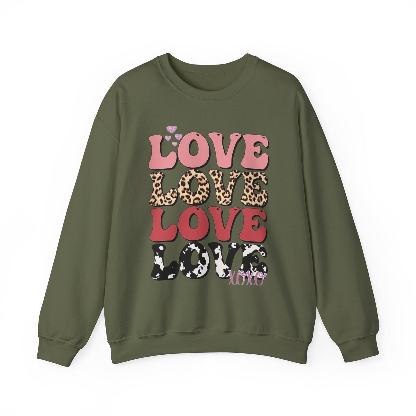 Love Pattern Crewneck Sweatshirt — Retro Leopard & Cow Print Graphic
