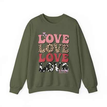 Love Pattern Crewneck Sweatshirt — Retro Leopard & Cow Print Graphic