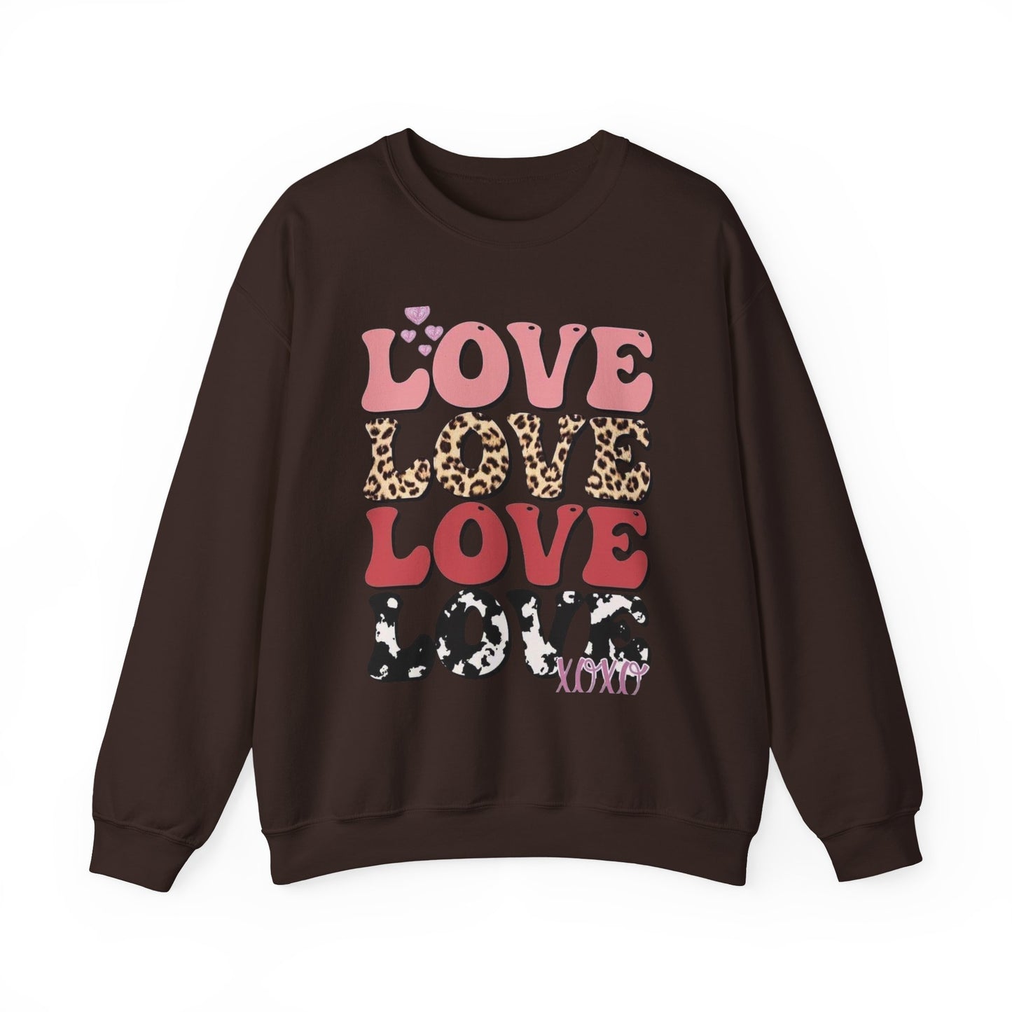 Love Pattern Crewneck Sweatshirt — Retro Leopard & Cow Print Graphic