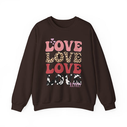 Love Pattern Crewneck Sweatshirt — Retro Leopard & Cow Print Graphic