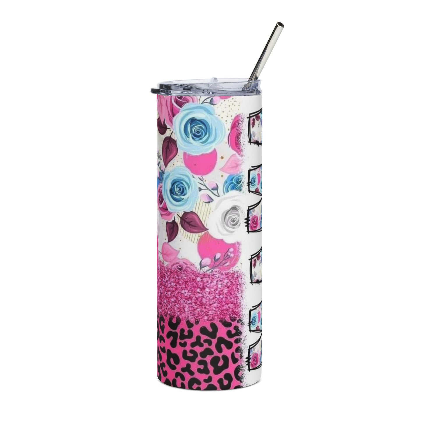 Mama Floral Leopard 20oz Stainless Steel Tumbler — Pink Blue Roses Glitter