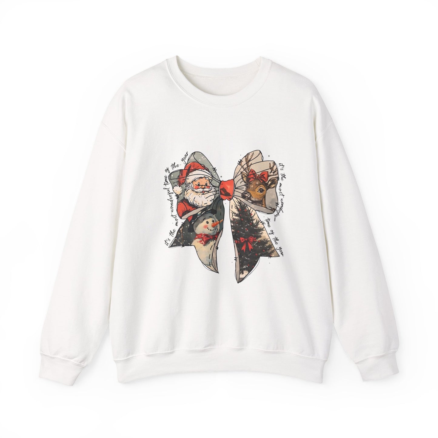 Christmas Bow Sweatshirt — Vintage Santa & Reindeer Holiday Crewneck