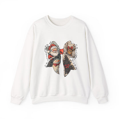Christmas Bow Sweatshirt — Vintage Santa & Reindeer Holiday Crewneck