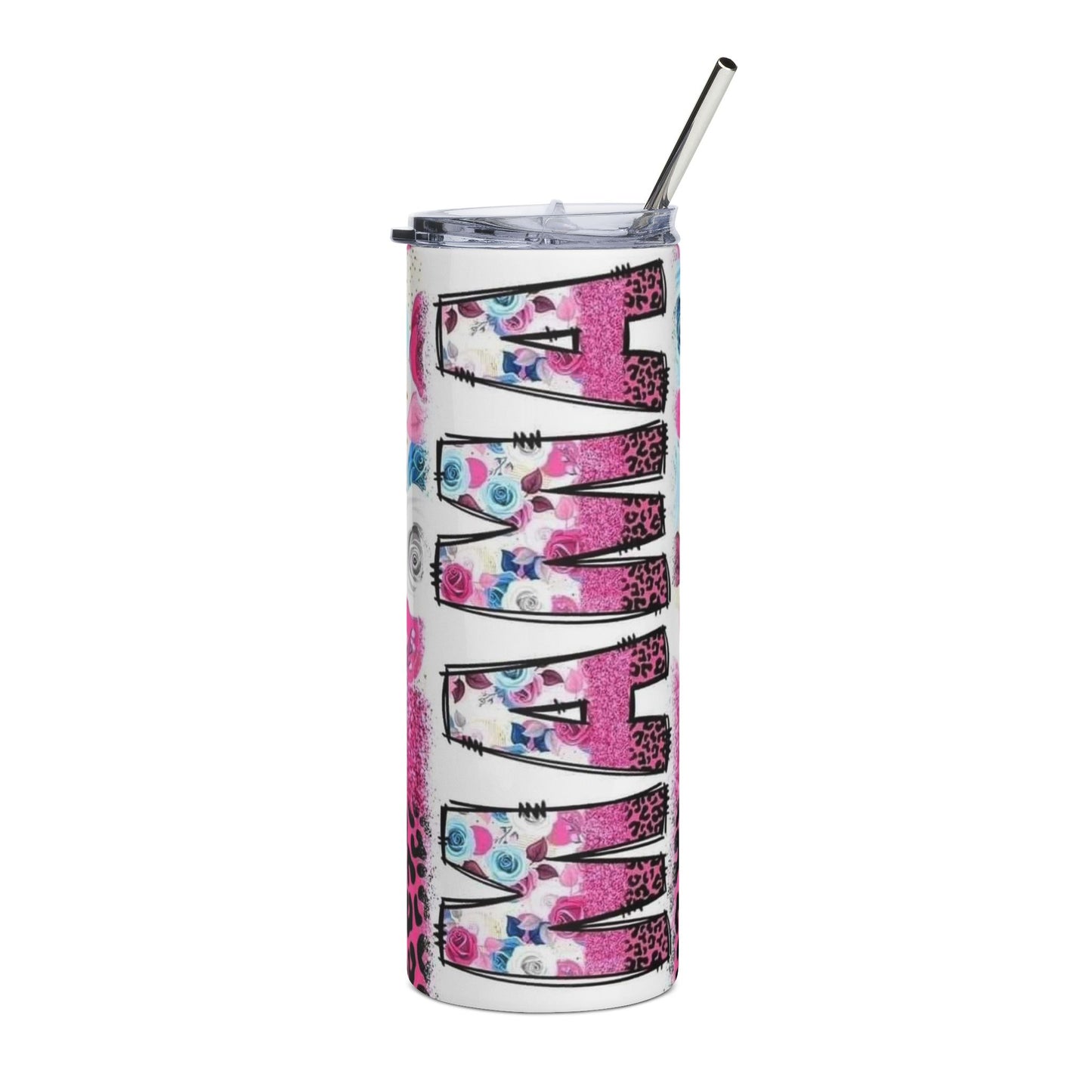 Mama Floral Leopard 20oz Stainless Steel Tumbler — Pink Blue Roses Glitter