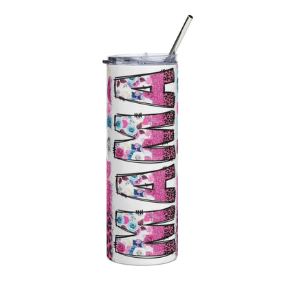 Mama Floral Leopard 20oz Stainless Steel Tumbler — Pink Blue Roses Glitter