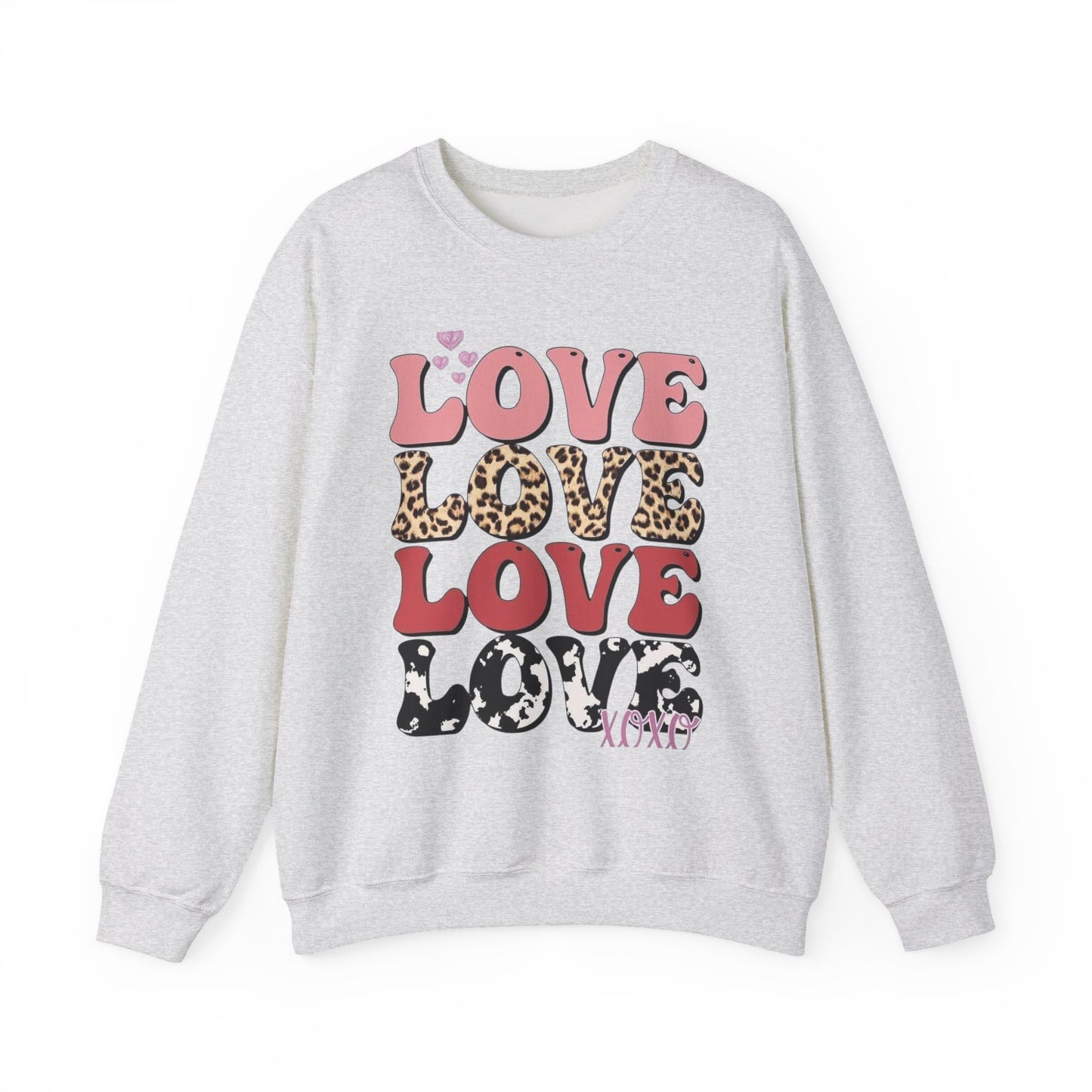 Love Pattern Crewneck Sweatshirt — Retro Leopard & Cow Print Graphic