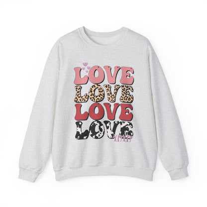 Love Pattern Crewneck Sweatshirt — Retro Leopard & Cow Print Graphic