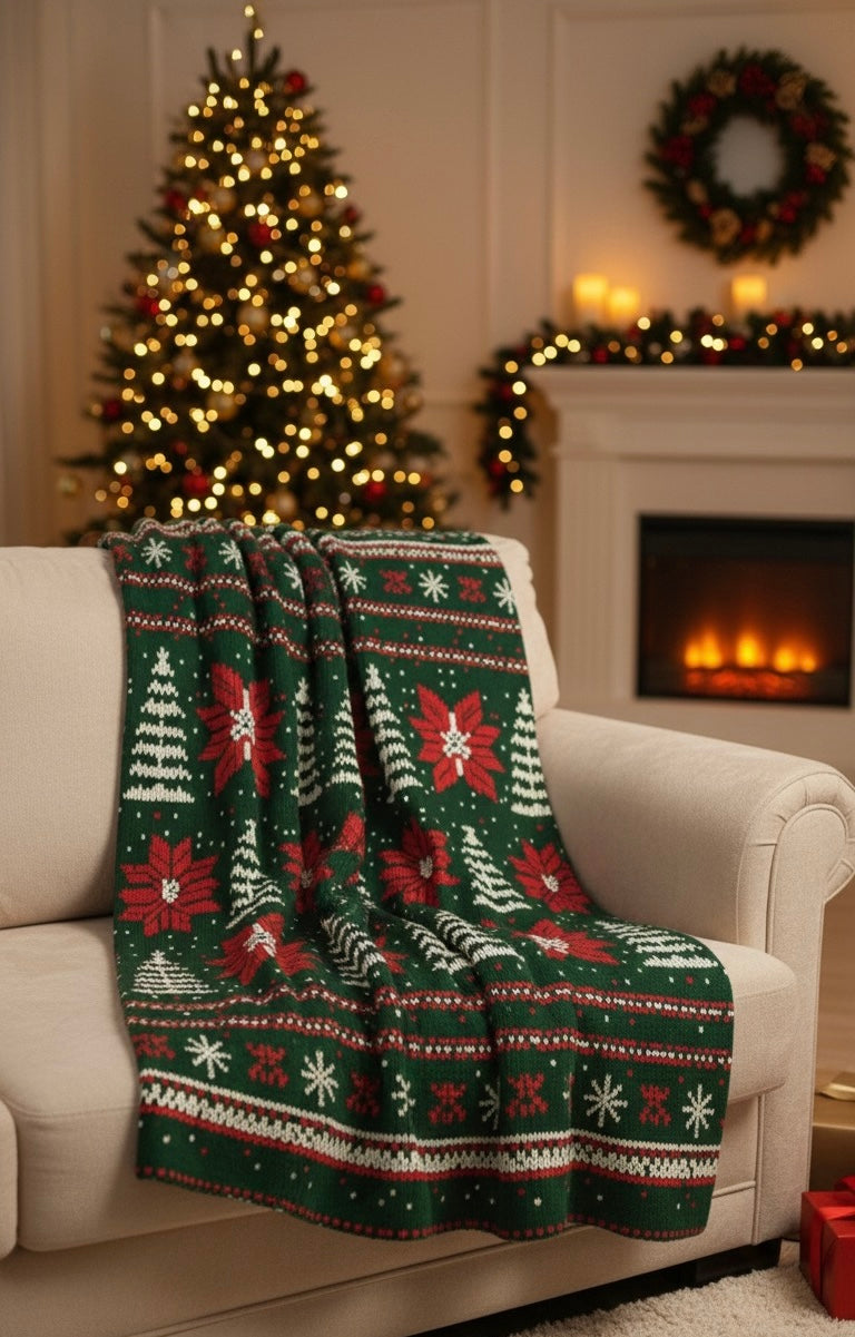 Christmas Poinsettia & Tree Velveteen Plush Blanket — Holiday Throw