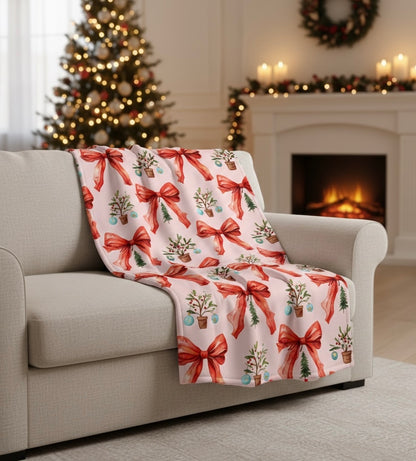 Christmas Bow & Mini Tree Velveteen Plush Blanket