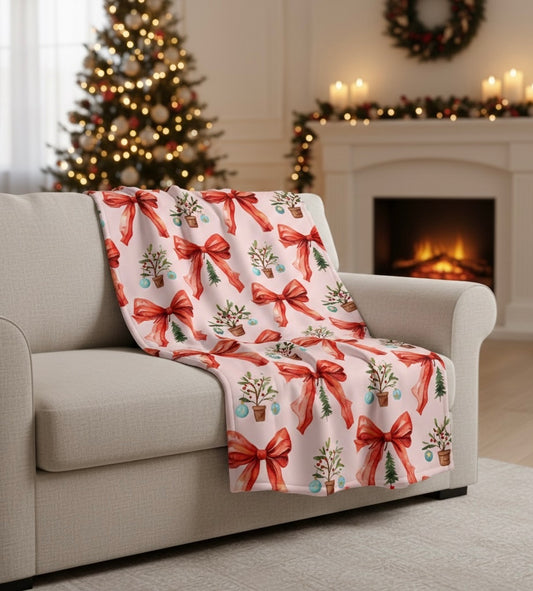 Christmas Bow & Mini Tree Velveteen Plush Blanket