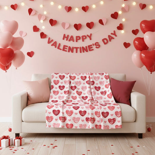 Valentine Conversation Hearts Velveteen Plush Blanket