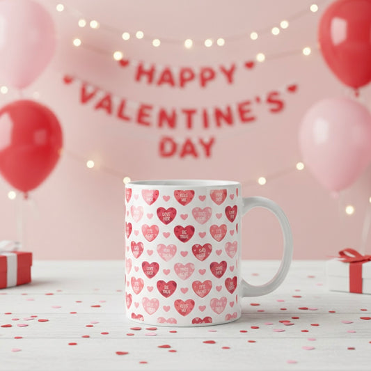 Valentine Conversation Hearts Ceramic Mug — 11oz