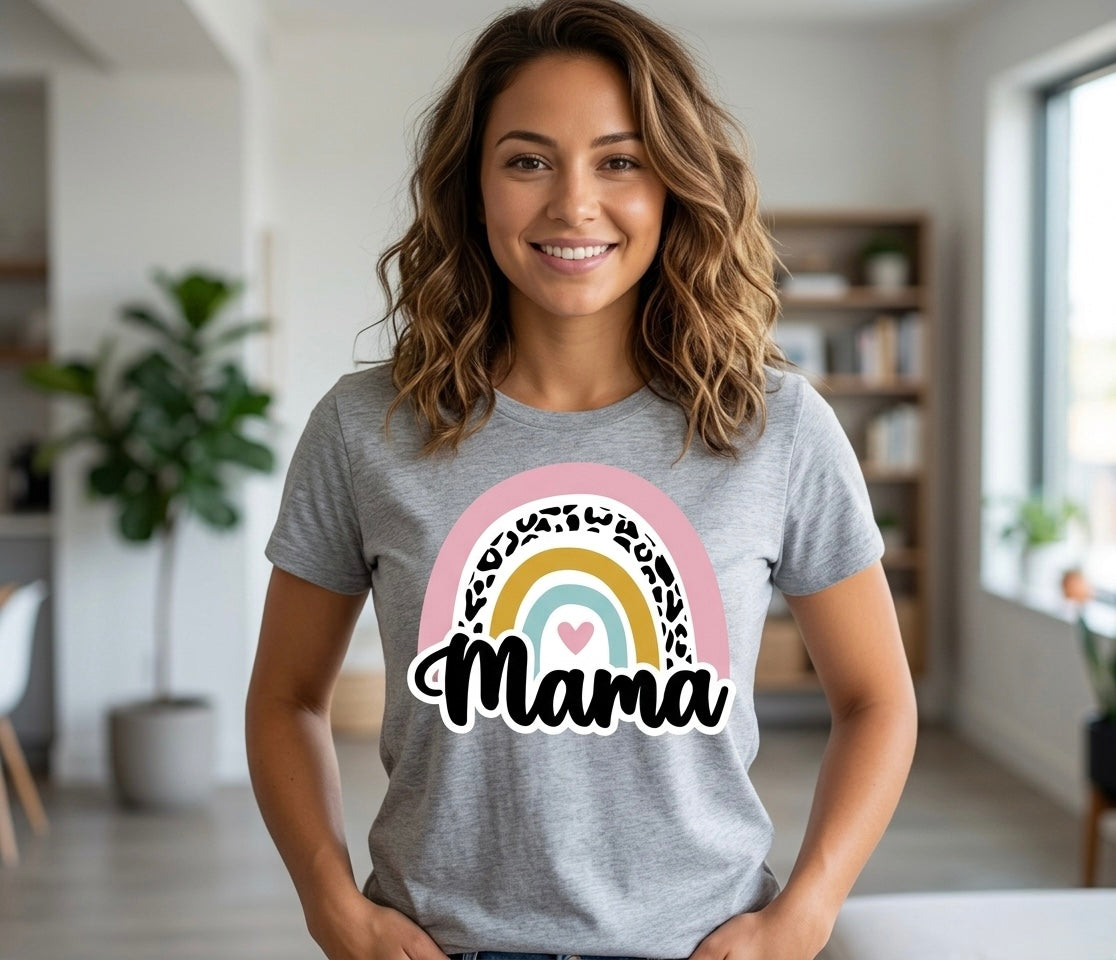 Mama Rainbow Tee – Cute Pastel Leopard Print Mother's Day Shirt