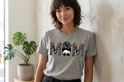 Mom Leopard Print Graphic Tee — Messy Bun & Sunglasses Mother's Day Shirt
