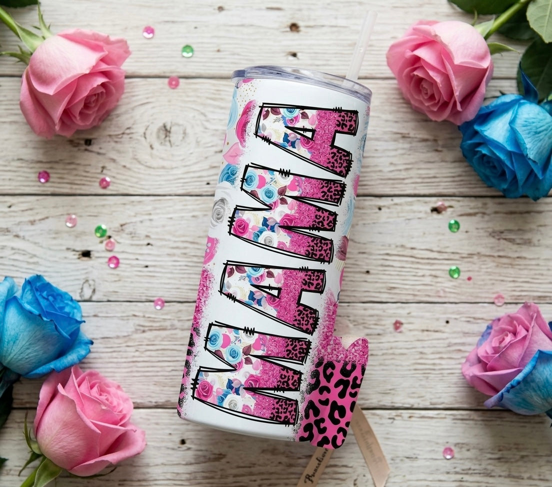 Mama Floral Leopard 20oz Stainless Steel Tumbler — Pink Blue Roses Glitter