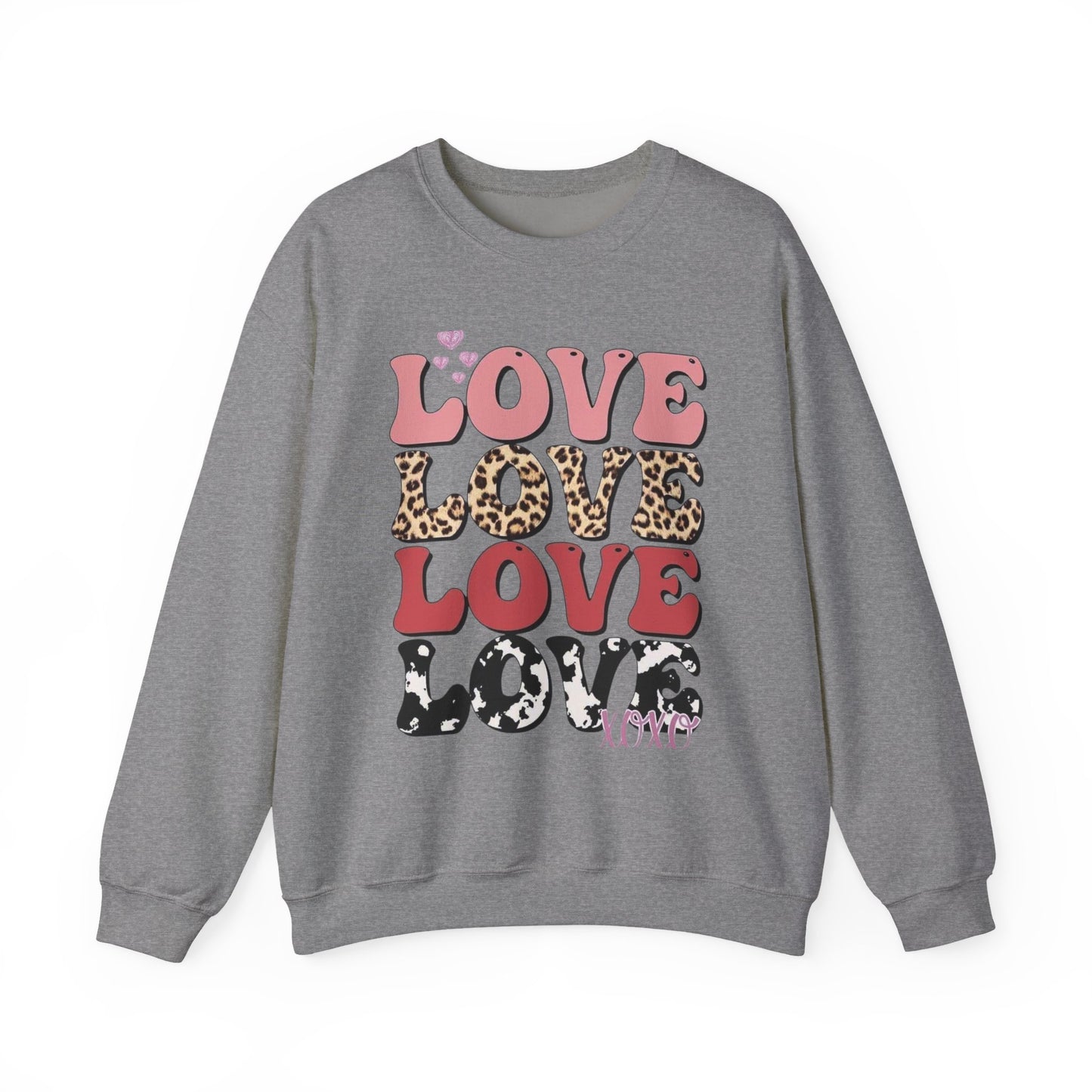 Love Pattern Crewneck Sweatshirt — Retro Leopard & Cow Print Graphic