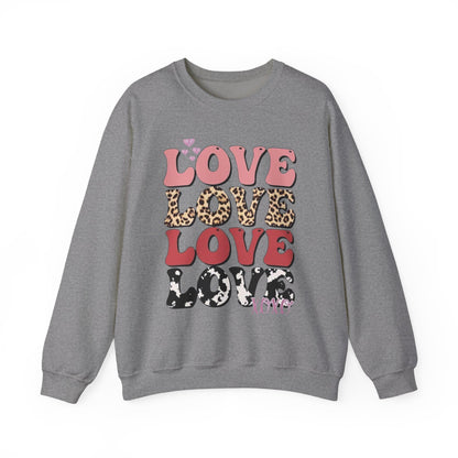 Love Pattern Crewneck Sweatshirt — Retro Leopard & Cow Print Graphic
