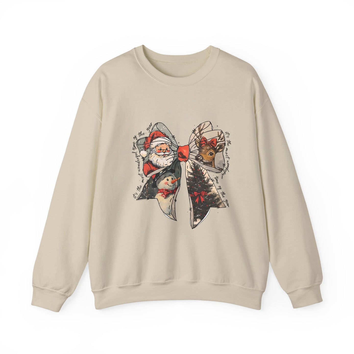 Christmas Bow Sweatshirt — Vintage Santa & Reindeer Holiday Crewneck