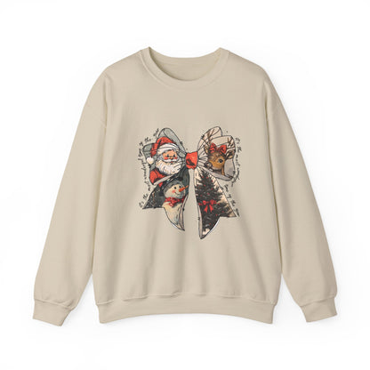 Christmas Bow Sweatshirt — Vintage Santa & Reindeer Holiday Crewneck
