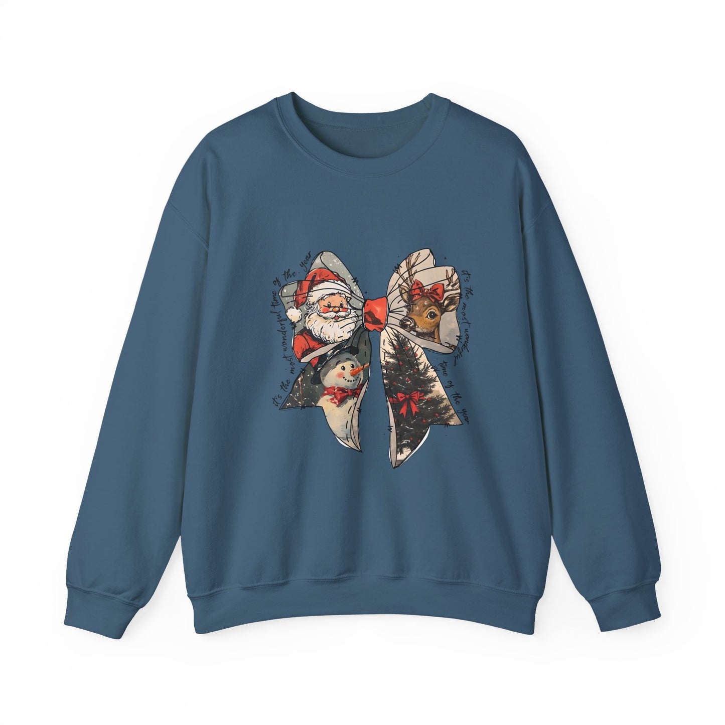 Christmas Bow Sweatshirt — Vintage Santa & Reindeer Holiday Crewneck