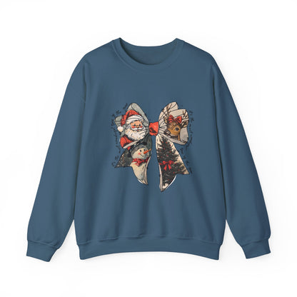 Christmas Bow Sweatshirt — Vintage Santa & Reindeer Holiday Crewneck