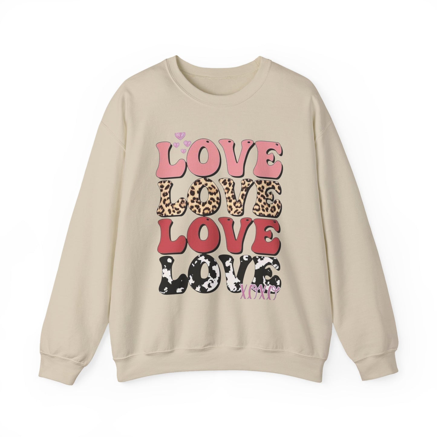 Love Pattern Crewneck Sweatshirt — Retro Leopard & Cow Print Graphic