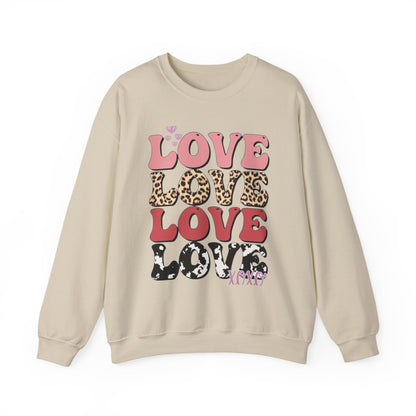 Love Pattern Crewneck Sweatshirt — Retro Leopard & Cow Print Graphic
