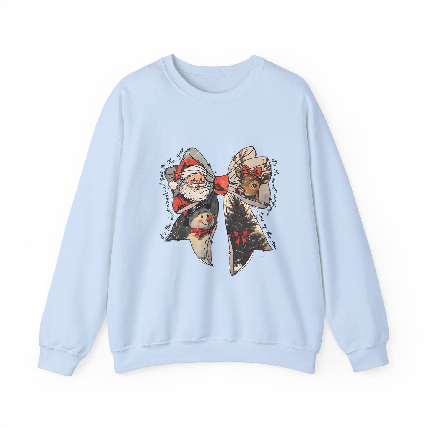 Christmas Bow Sweatshirt — Vintage Santa & Reindeer Holiday Crewneck