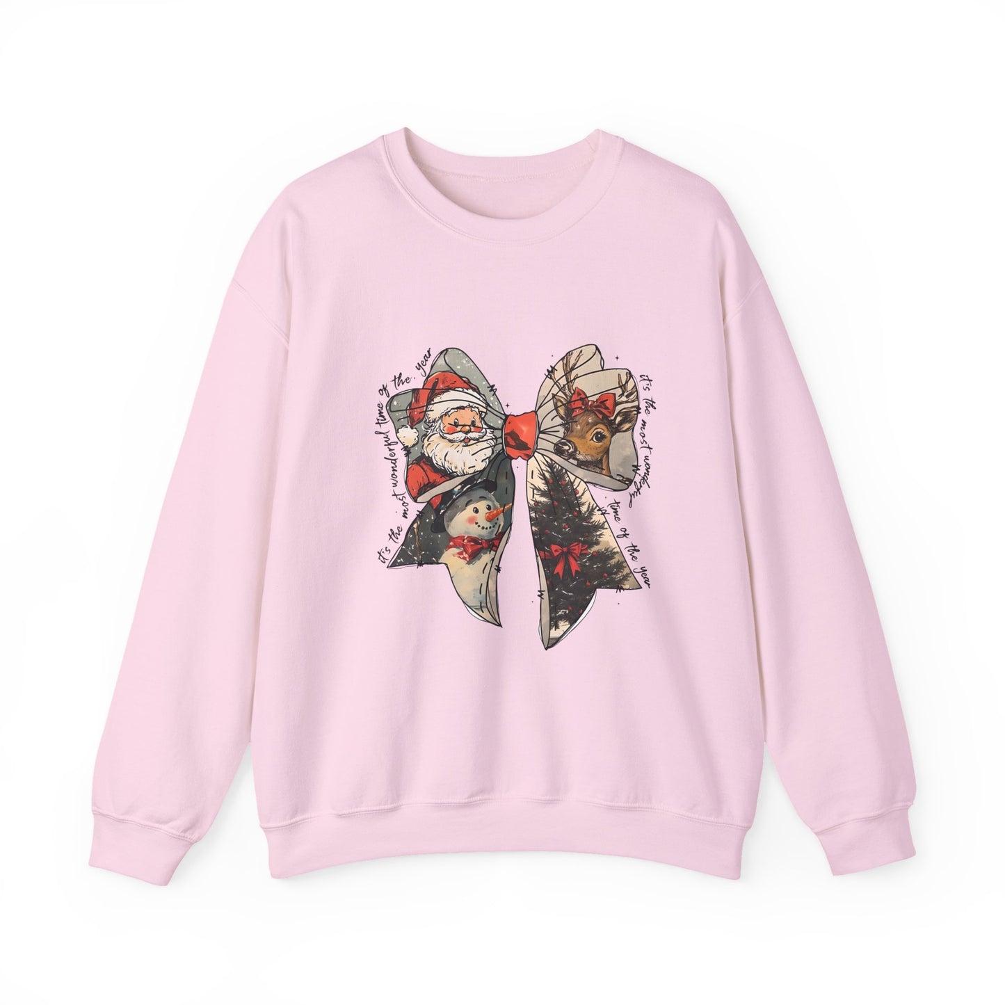 Christmas Bow Sweatshirt — Vintage Santa & Reindeer Holiday Crewneck