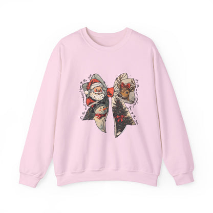 Christmas Bow Sweatshirt — Vintage Santa & Reindeer Holiday Crewneck