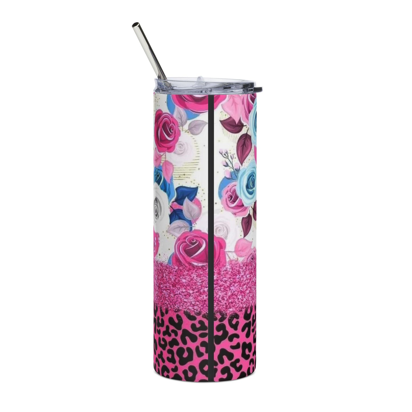 Mama Floral Leopard 20oz Stainless Steel Tumbler — Pink Blue Roses Glitter