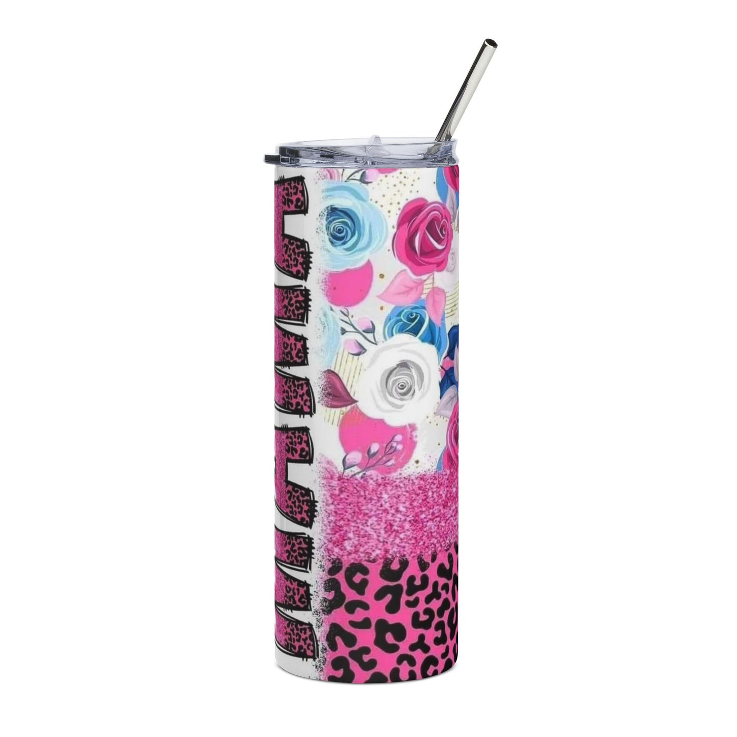 Mama Floral Leopard 20oz Stainless Steel Tumbler — Pink Blue Roses Glitter