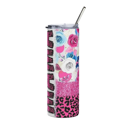Mama Floral Leopard 20oz Stainless Steel Tumbler — Pink Blue Roses Glitter