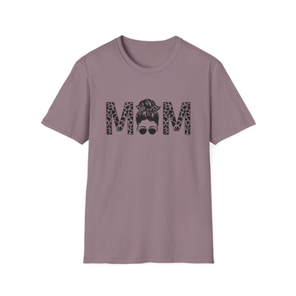 Mom Leopard Print Graphic Tee — Messy Bun & Sunglasses Mother's Day Shirt