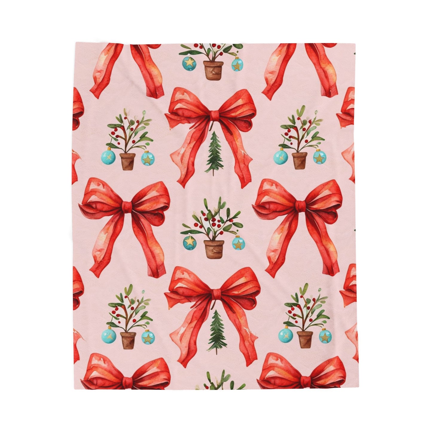 Christmas Bow & Mini Tree Velveteen Plush Blanket