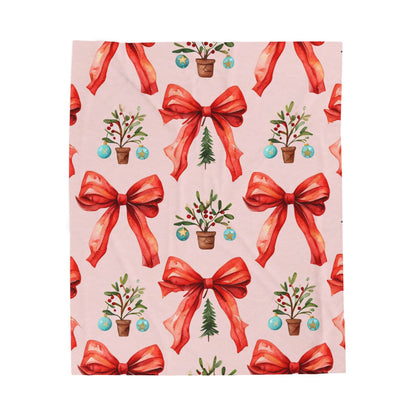 Christmas Bow & Mini Tree Velveteen Plush Blanket
